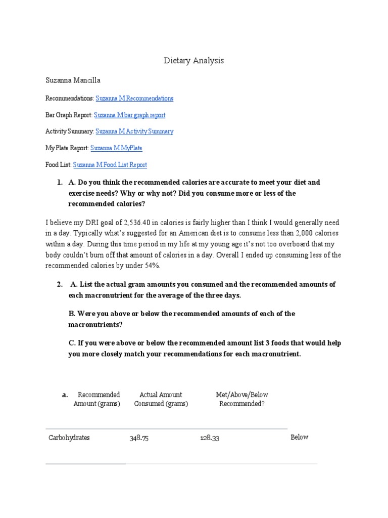 Dietary Analysis Assignment Pdf Vitamin Dieting