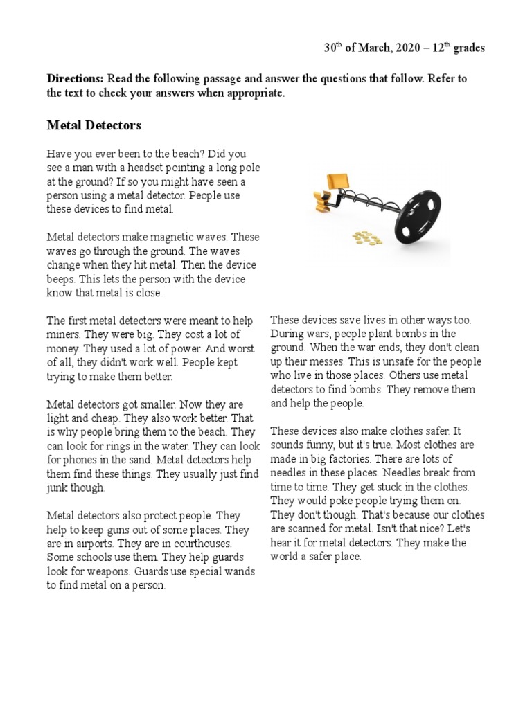 MetalDetectors Reeading Comprehension 12th PDF Metal Detector