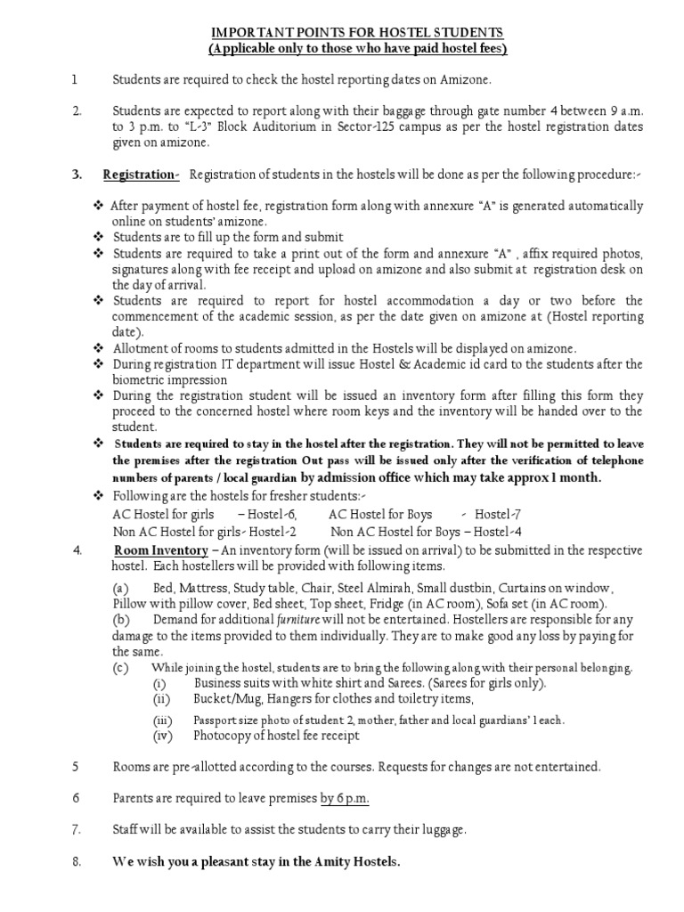 Important Points For Hostel Students PDF | PDF | Business