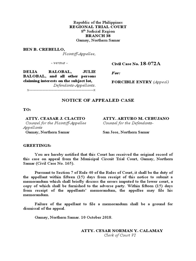 Notice of Appealed Case PDF