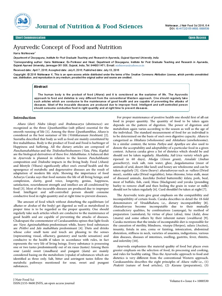 Ayurvedic Concept Of Food And Nutrition Pdf Ayurveda Taste