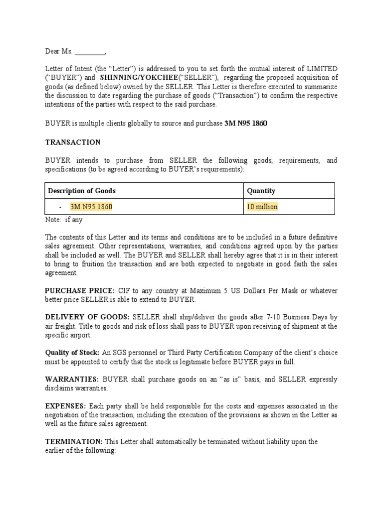 Letter of Intent for Goods Purchase | PDF | Sales | Business