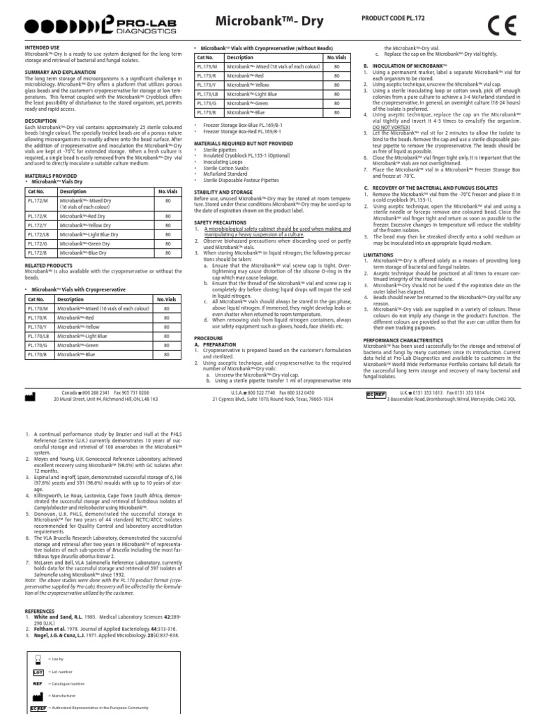 Microbank™-Dry: Product Code Pl.172 | PDF | Refrigerator | Microbiology