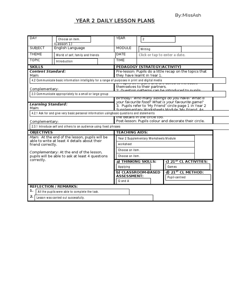 Year 2 Daily Lesson Plans: By:Missash | PDF | Educational Assessment ...