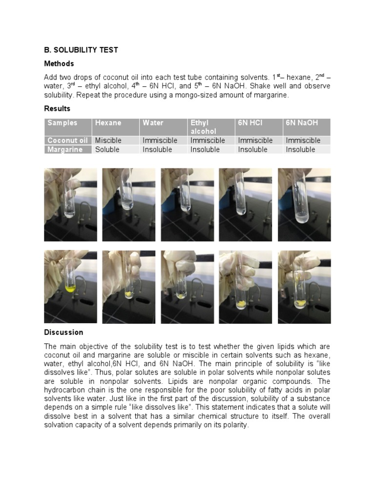 B. Solubility Test Methods Samples Hexane Water Ethyl Alcohol 6N Hcl