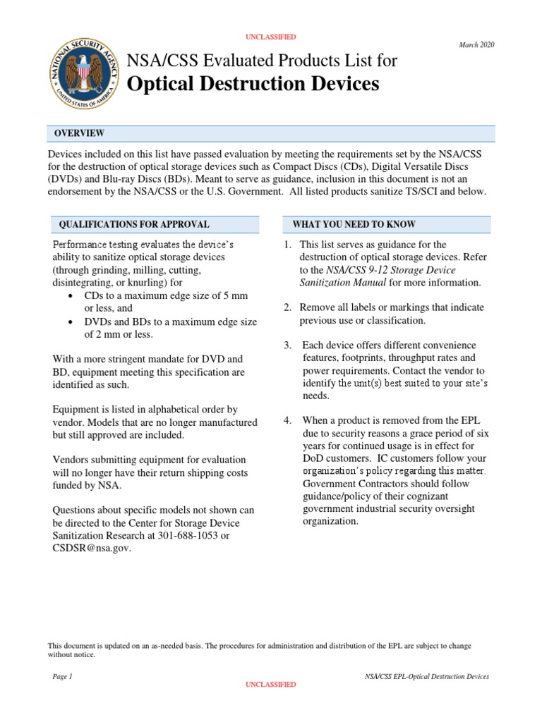 Optical Destruction Devices NSA/CSS Evaluated Products List For PDF