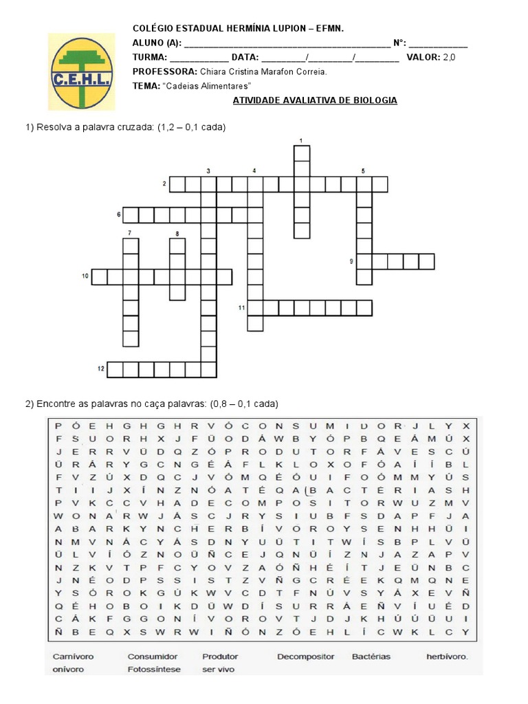 Atividade de Cruzadinha Sobre Cadeia Alimentar | PDF