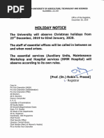 Holiday: Notice University Observe Christmas Holidays To Staff