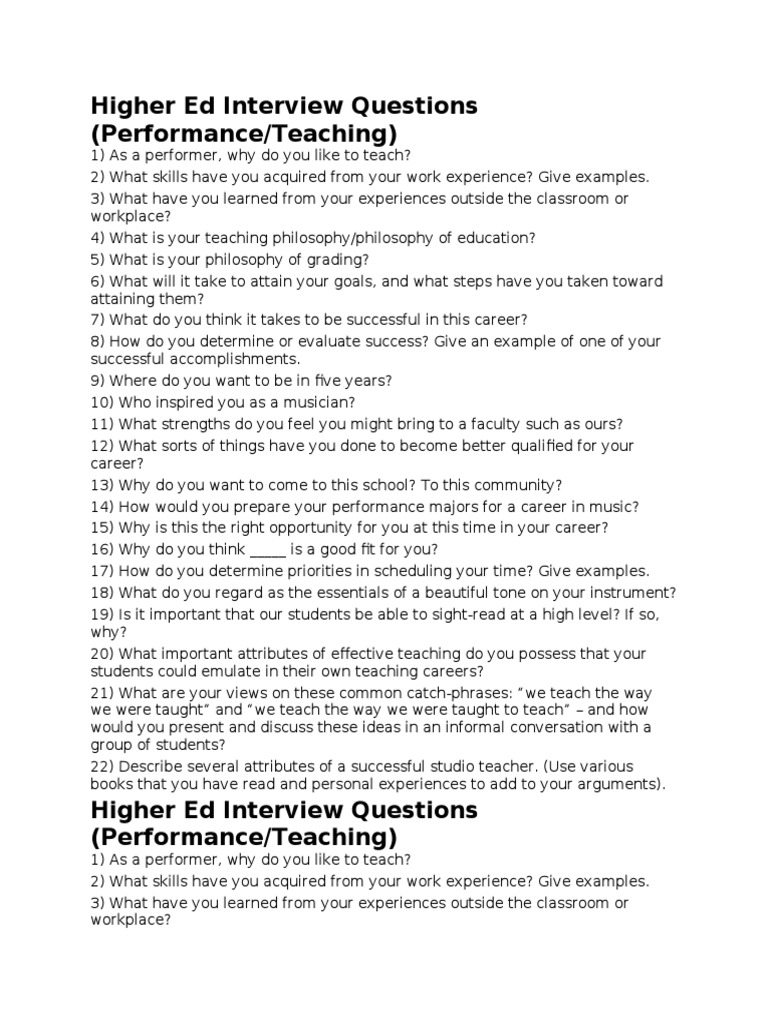 Higher Ed Interview Questions (Performance/Teaching) | Download Free ...