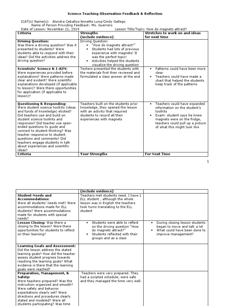 Science Teaching Observation Feedback & Reflection PDF Teachers Goal