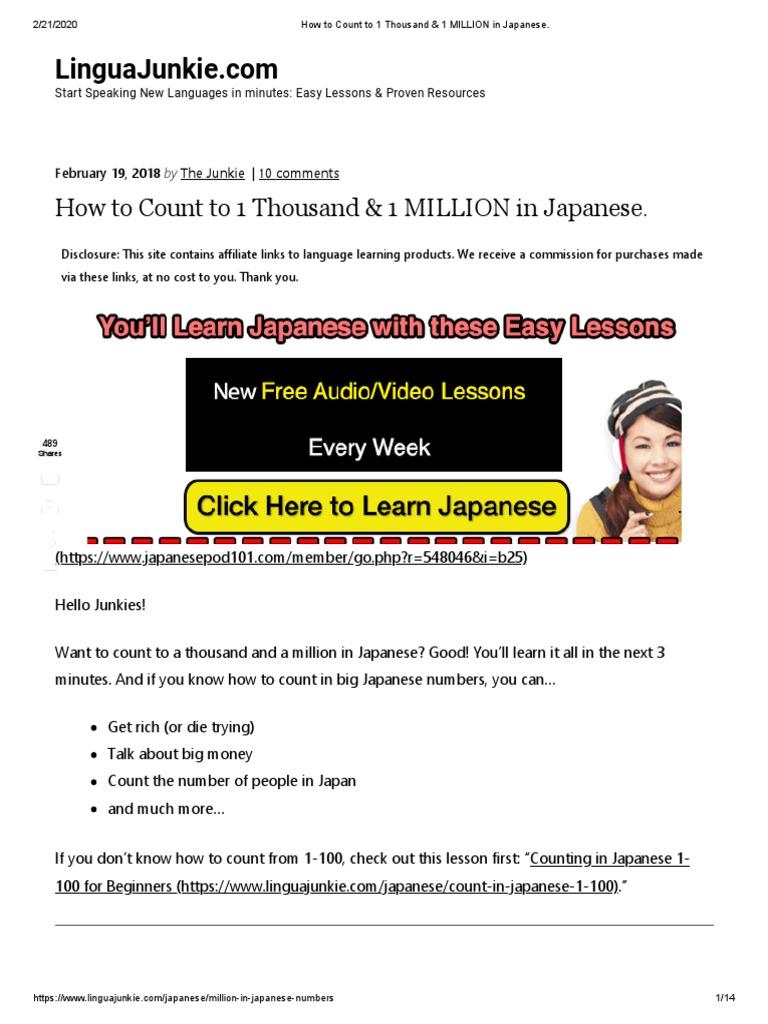 How To Count To 1 Thousand & 1 MILLION in Japanese - PDF | PDF ...