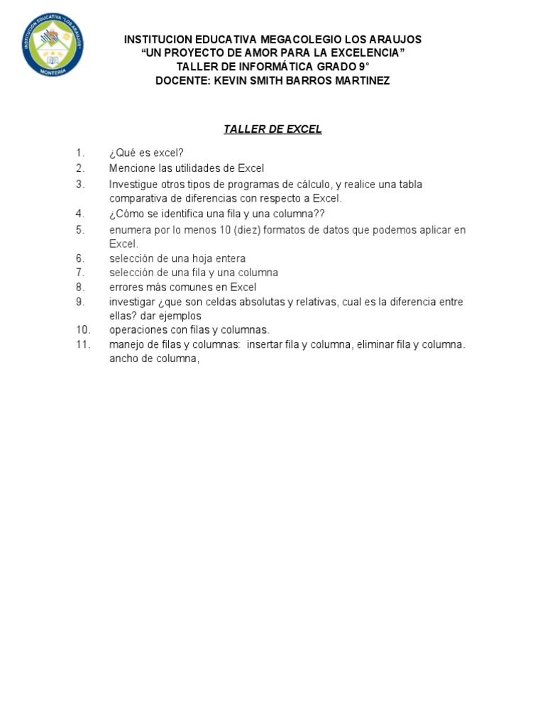Taller de Informática Grado 9: Excel | PDF | Crecimiento personal y ...