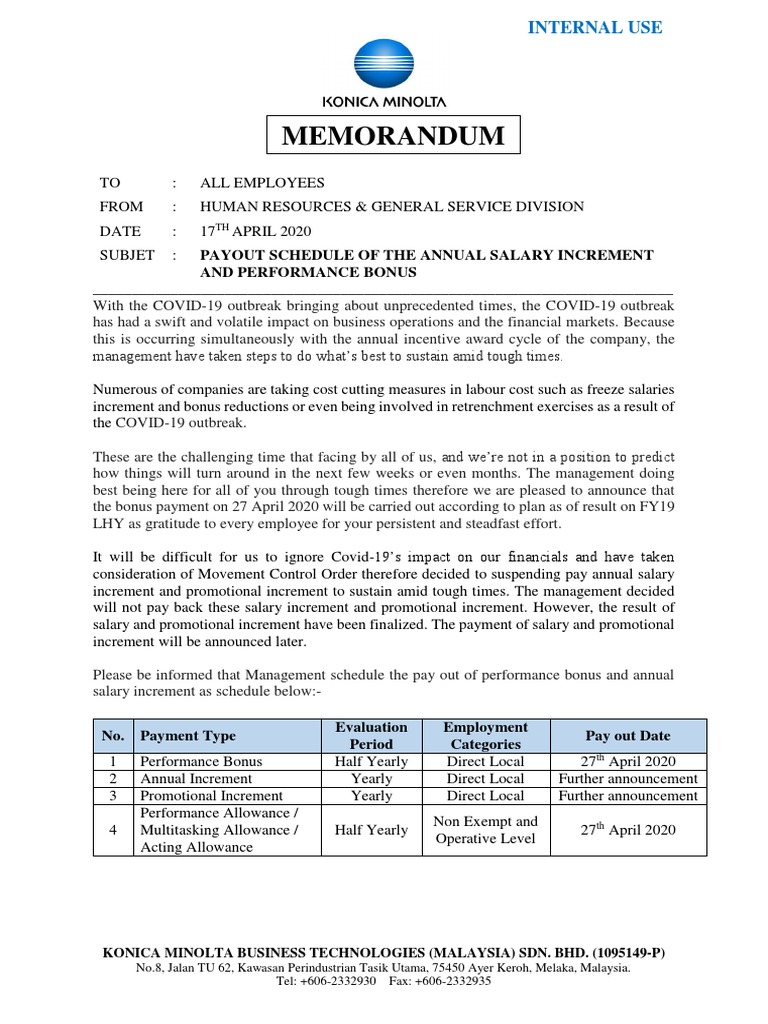 Memo - Payout Schedule of The Annual Salary Increment and Performance ...