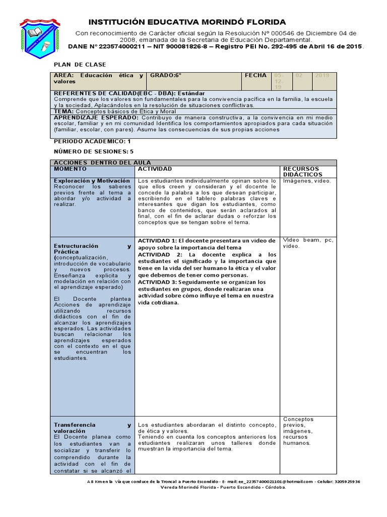 Plan de Clase: Ética y Valores 6° grado | PDF | Maestros | Aprendizaje