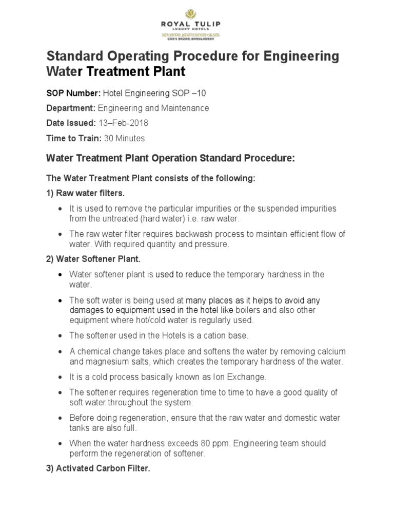 r Treatment Plant Standard Operating Procedure for Engineering Wate