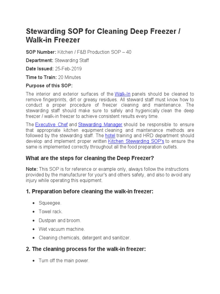 Stewarding SOP For Cleaning Deep Freezer PDF Dishwasher Refrigerator