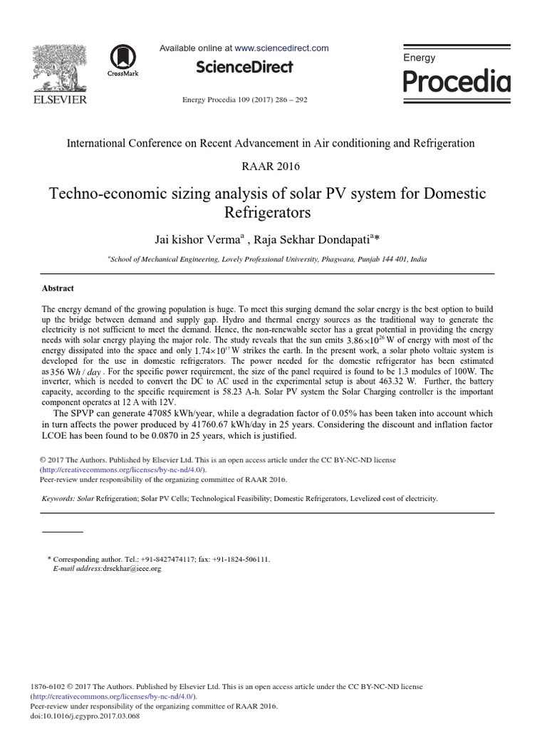 Techno Economic Sizing Analysis of Solar PV System For Dome - 2017 ...