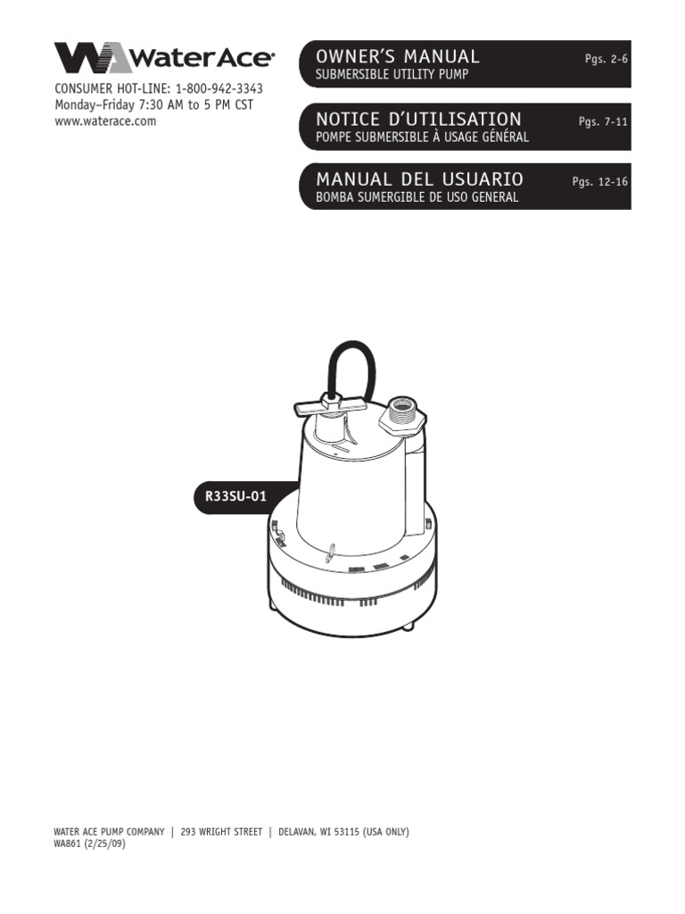 Water Ace R33SU Submersible Pump Ac Power Plugs And Sockets Earth