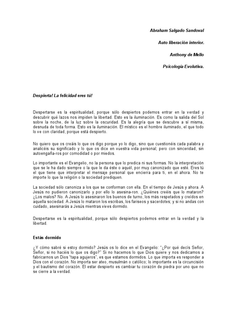 Auto Liberación. Anthony de Mello PDF Sufrimiento Felicidad