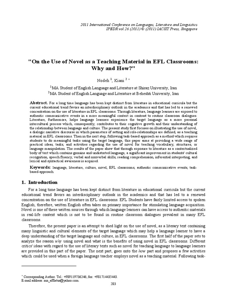 On The Use of Novel As A Teaching Material in EFL Classrooms - Nodeh ...