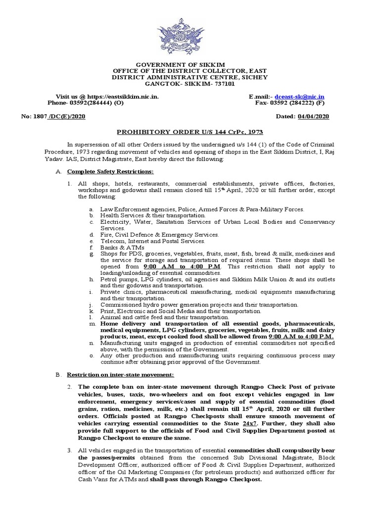 East Sikkim Prohibitory Order U/S 144 | PDF | Foods | Transport