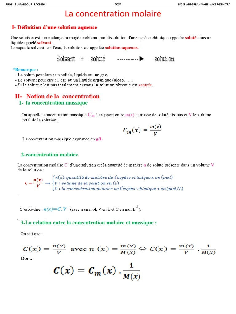 Concentration Molaire en Solutions Aqueuses | PDF | Concentration ...