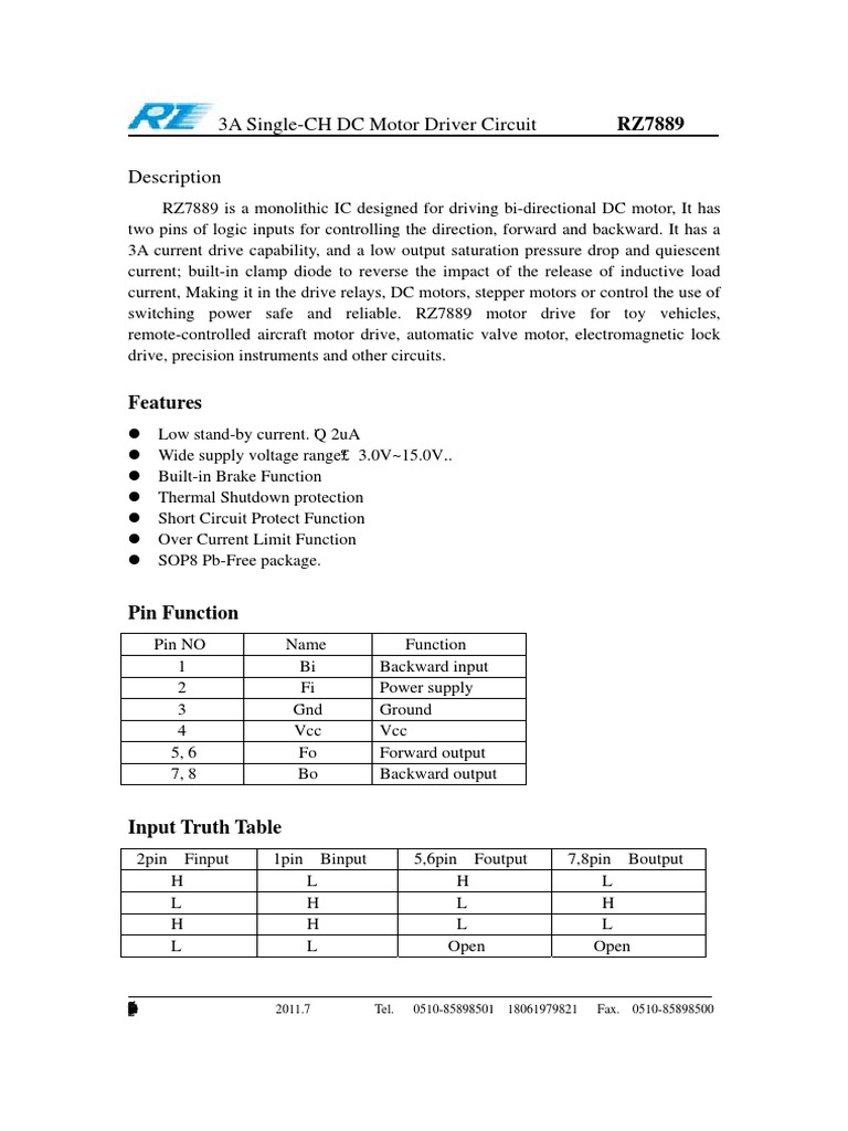 3A Single-CH DC Motor Driver Circuit RZ7889: Features | PDF | Electric ...