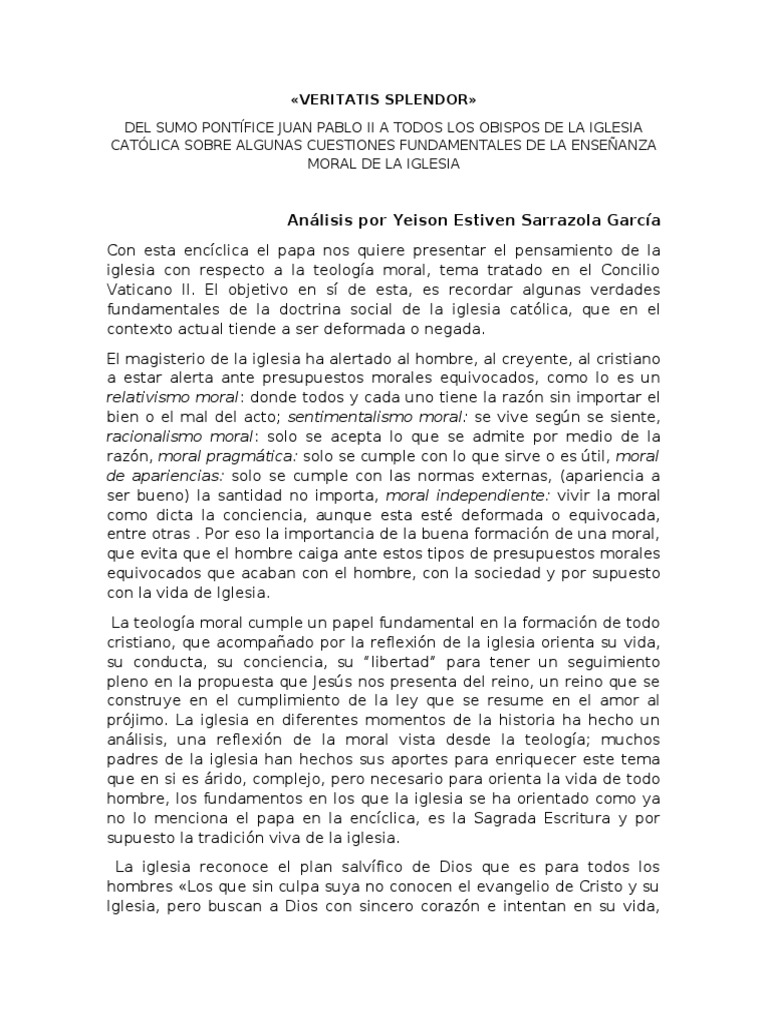 La Moral en Veritatis Splendor | PDF | Moralidad | Iglesia Católica