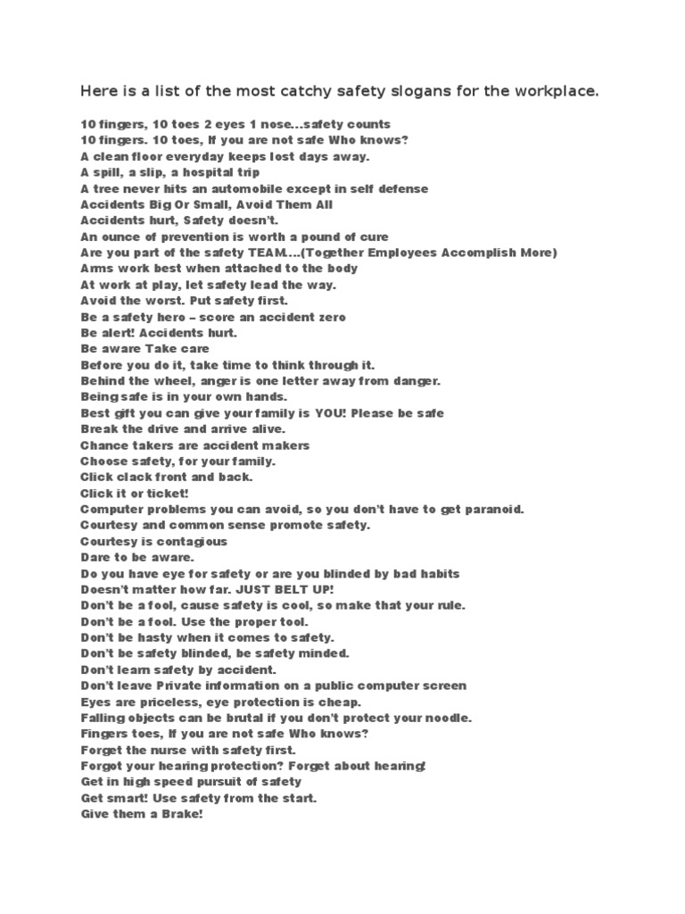Safety Slogans | PDF | Seat Belt | Safety