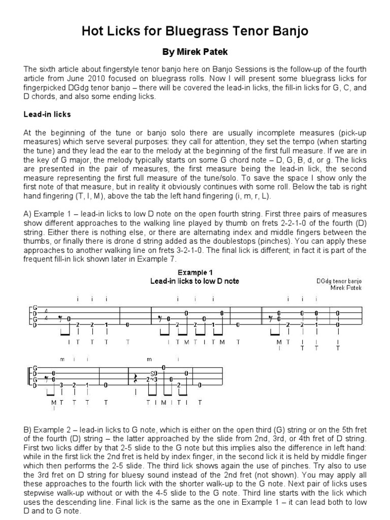 Hot Licks For Bluegrass Tenor Banjo by Mirek Patek PDF Guitar