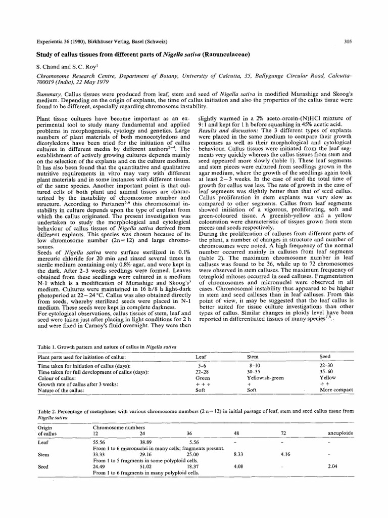 Study o F Callus Tissues From Different Parts of S. S. C. Roy 1 | PDF ...