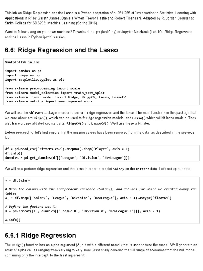Ridge and Lasso in Python PDF | PDF | Cross Validation (Statistics ...