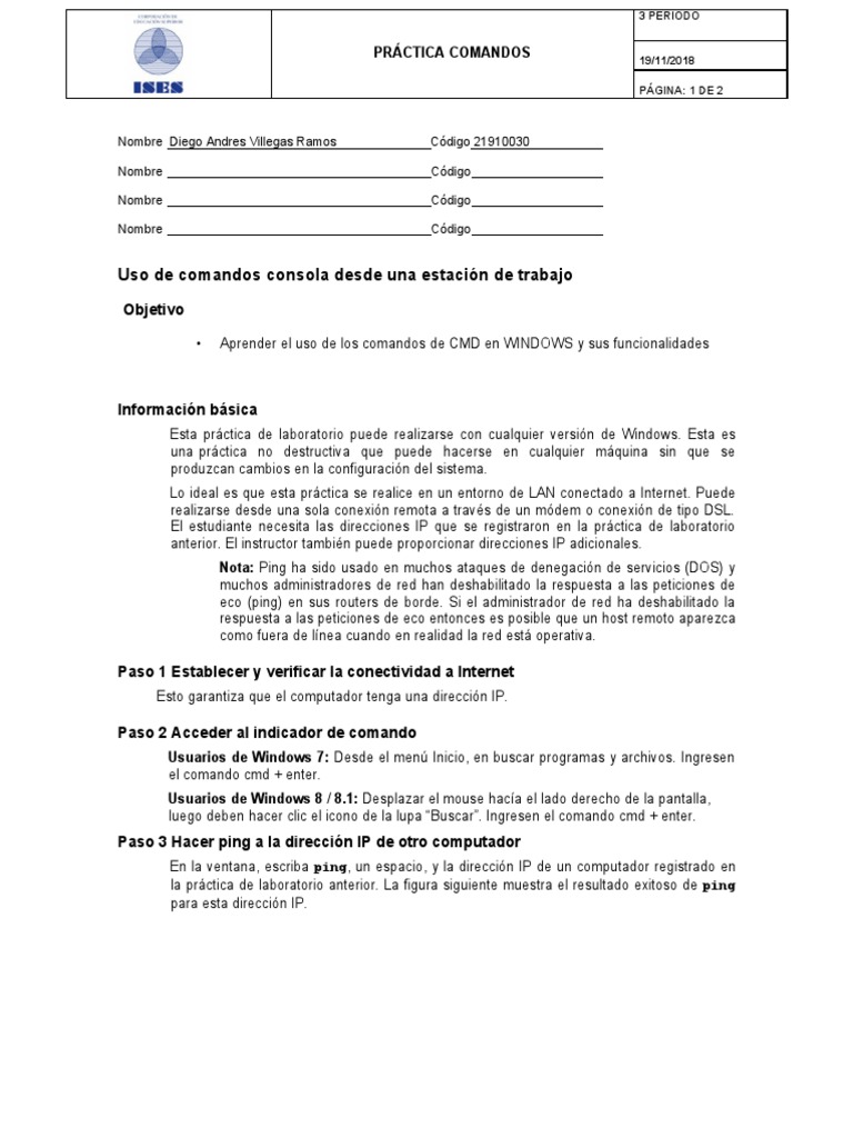 Taller Comandos | PDF | Dirección IP | Protocolos de internet