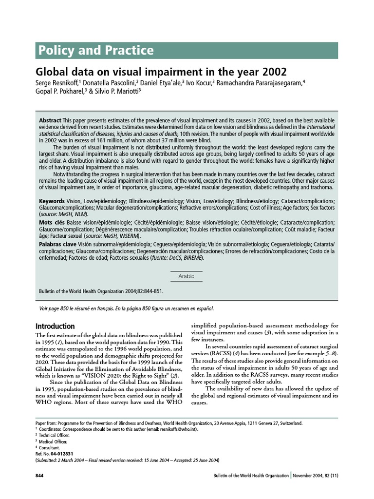 Policy and Practice Global Data On Visual Impairment in The Year 2002