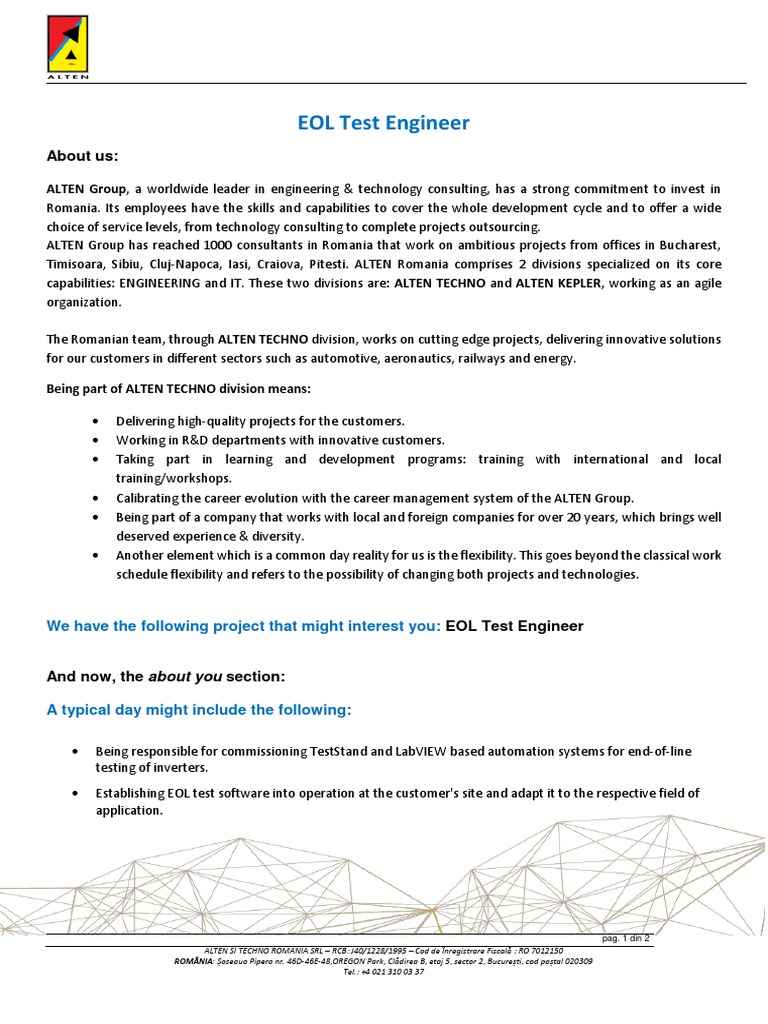 Jd Alten Eol Test Engineer Pdf Systems Engineering Computer Engineering