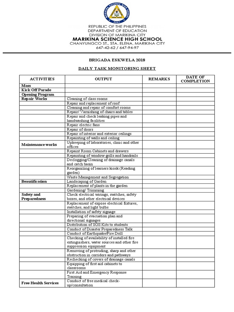 Brigada Eskwela 2018 Daily Task Monitoring Sheet | Download Free PDF ...