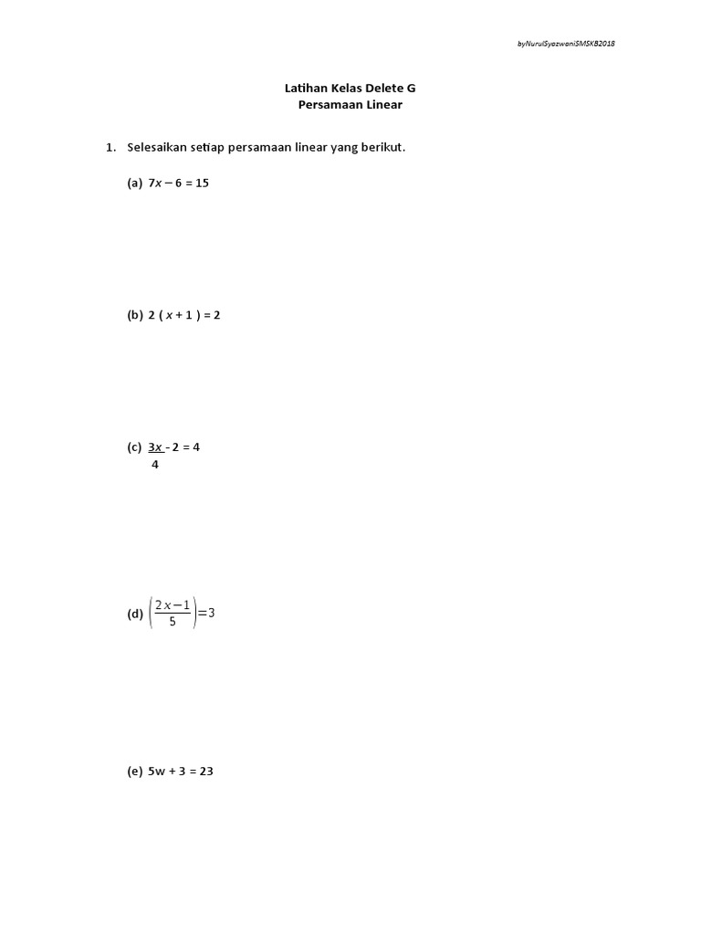 Latihan Matematik - Persamaan Linear Kelas Delete G | PDF