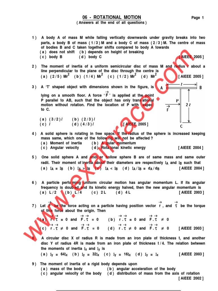 Physics Rotational Motion MCQ | PDF | Rotation Around A Fixed Axis | Torque