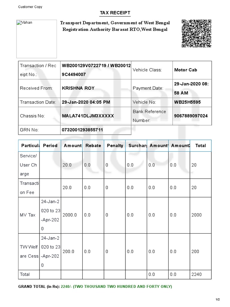 Barasat RTO Tax Receipt Summary | PDF | Finance & Money Management