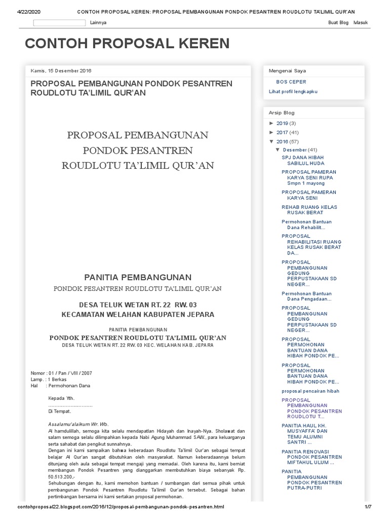 Contoh Proposal Keren Proposal Pembangunan Pondok Pesantren Roudlotu Ta Limil Qur An Pdf