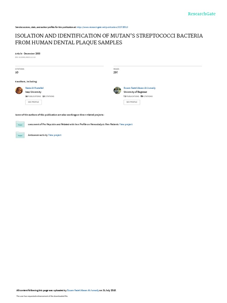 Isolation and Identification of Mutans Streptococ | PDF | Streptococcus ...