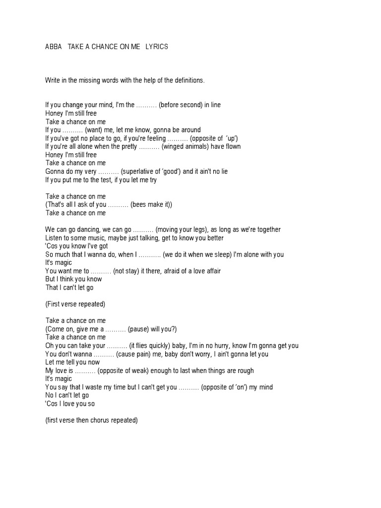 Abba Take A Chance On Me Lyrics PDF