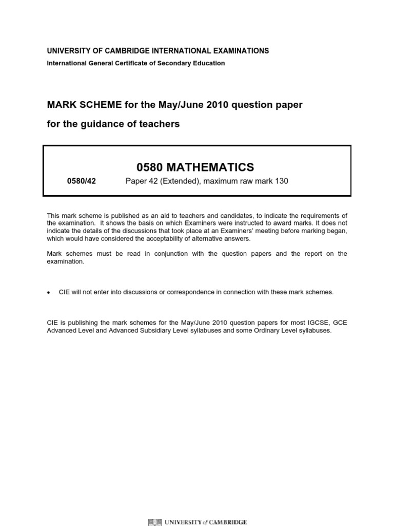 Math Paper 4 2010 Mark Scheme | PDF | Teaching Mathematics ...