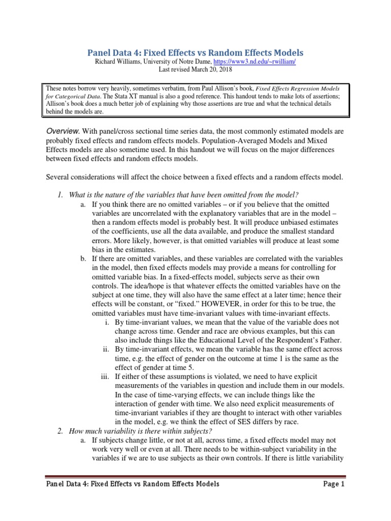 Fixed vs Random Effects in Panel Data | PDF | Fixed Effects Model ...