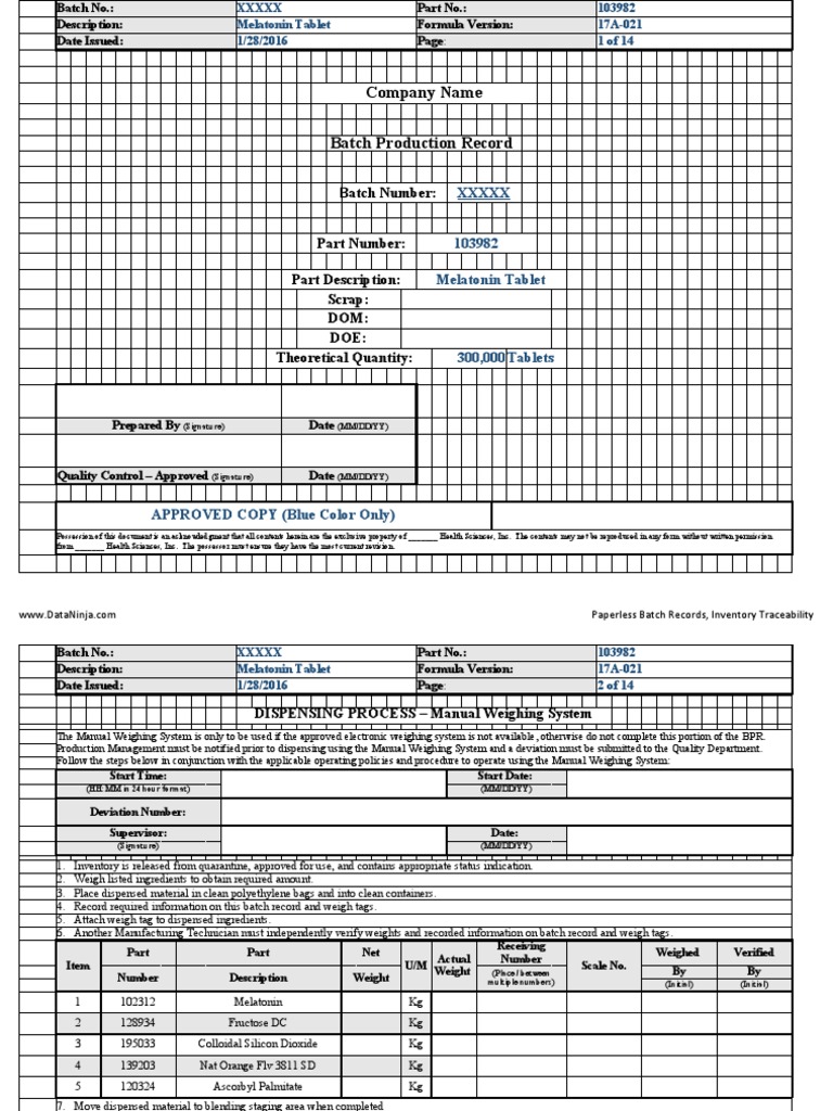Melatonin Tablet Batch Production Record | PDF | Tablet (Pharmacy) | Nature