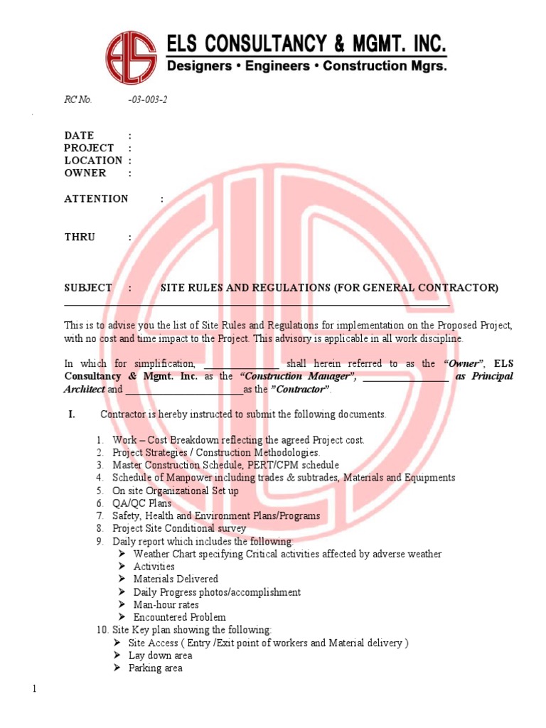 Site Rules and Regulations for Contractors | PDF | General Contractor ...