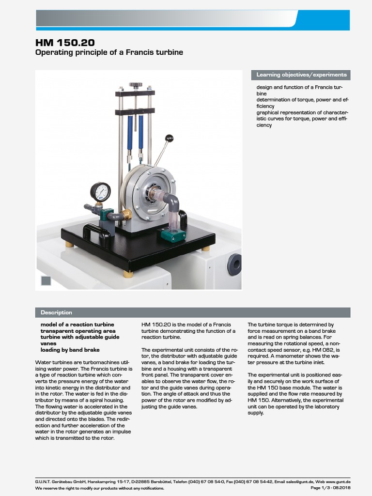 Gunt HM 150.20 Operating Principle of A Francis Turbine Datasheet | PDF ...