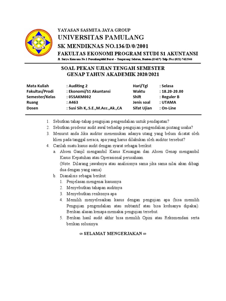 Soal Ujian Tengah Semester Auditing 2 | PDF | Karier & Perkembangan ...