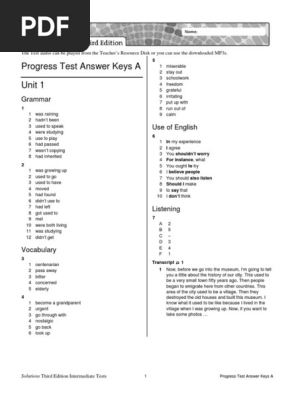 Progress Test Answer Keys A Unit 1: Grammar | PDF | Computer.
