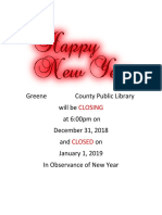 Greene County Public Library Will Be at 6:00pm On December 31, 2018 and On January 1, 2019 in Observance of New Year